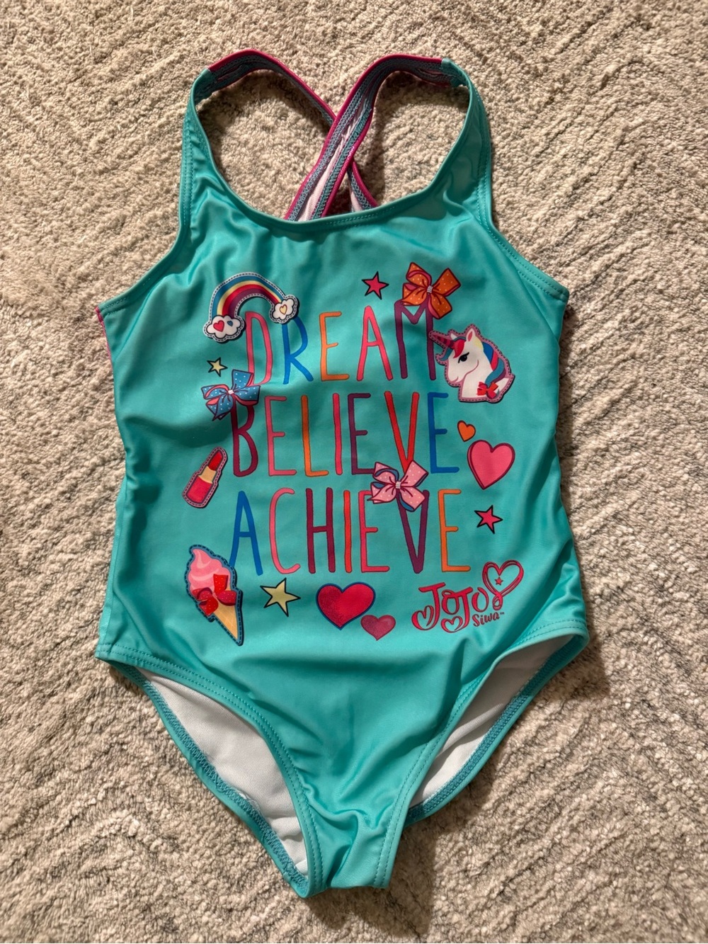 JoJo Siwa Turquoise One-Piece Swimsuit with Rainbow Graphics